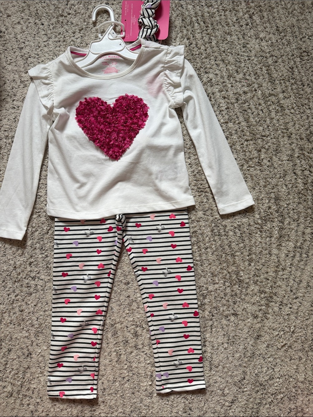 Isaac Mizrahi White Top and Striped Heart Leggings Set with Pink Heart